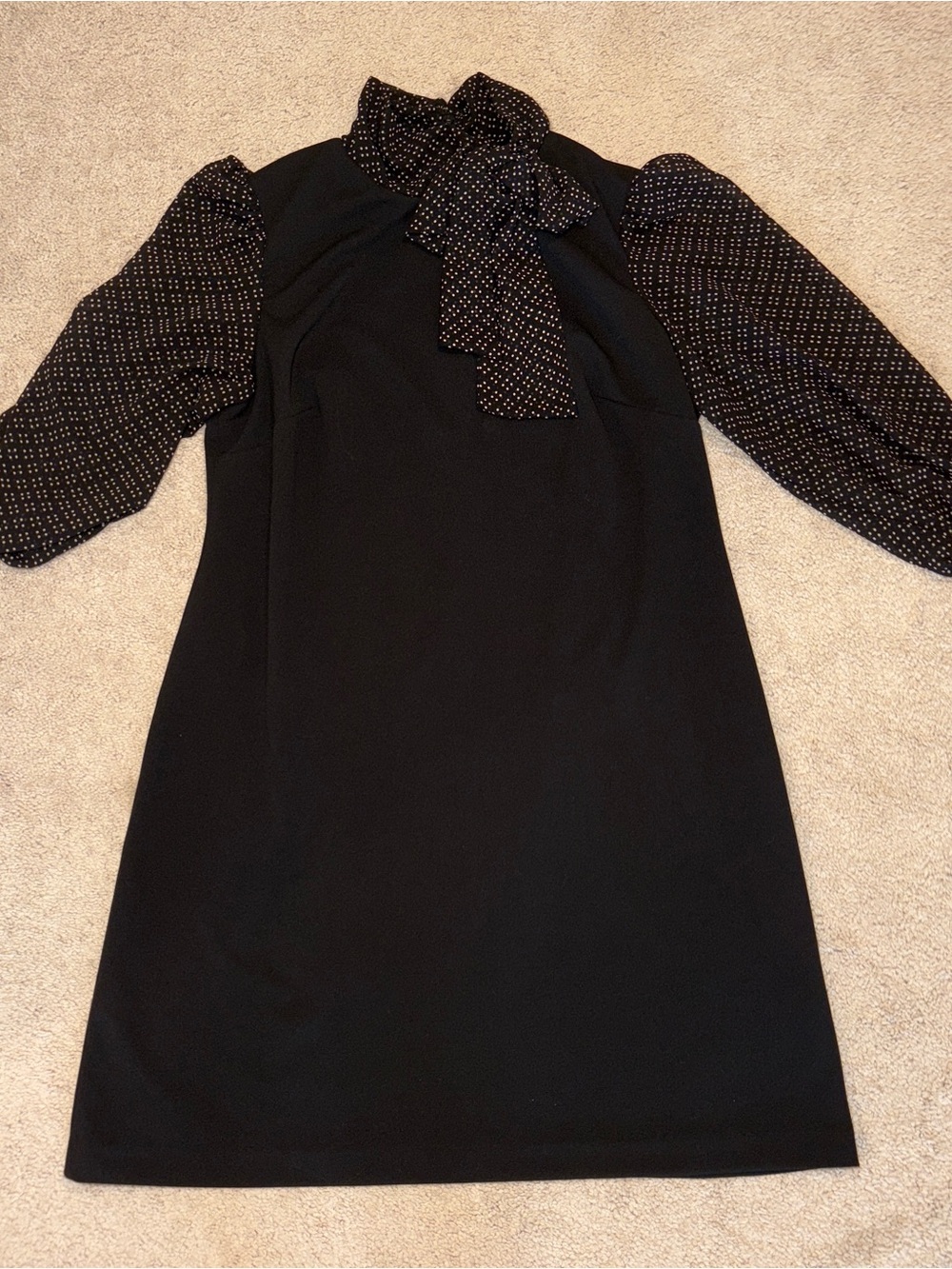 Calvin Klein Black Long-Sleeve Tie-Neck Dress with Dotted Sleeves Size: 16